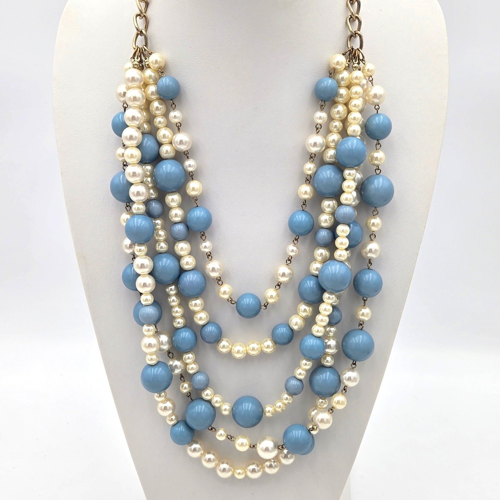 Lucia Multi Strand Bib Necklace Blue Faux Pearl Gold Tone Graduated Statement